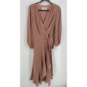 Gal Meets Glam Jennifer Shimmer Satin Ruffle Wrap Dress Midi  8 EUC